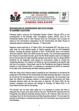 INEC press release document on postponement of governorship and houses of assembly elections