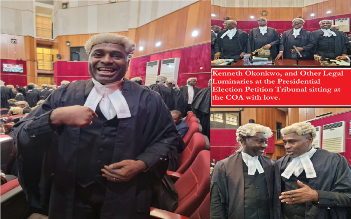 Kenneth Okonkwo shared a picture of himself and other lawyers at the pre-hearing of the presidential election tribunal.