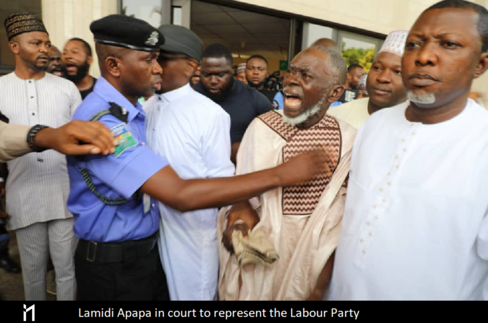 Lamidi Apapa, as a factional Chairman of the Labour Party (LP), was booed as Presidential Tribunal resumed LP Pre-hearing.