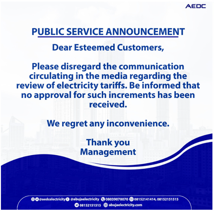 AEDC Denounces the Rise in Electricity Tariff. A tweet's response to @NewsedUP's Twitter handle expressed regret for any inconvenience. 