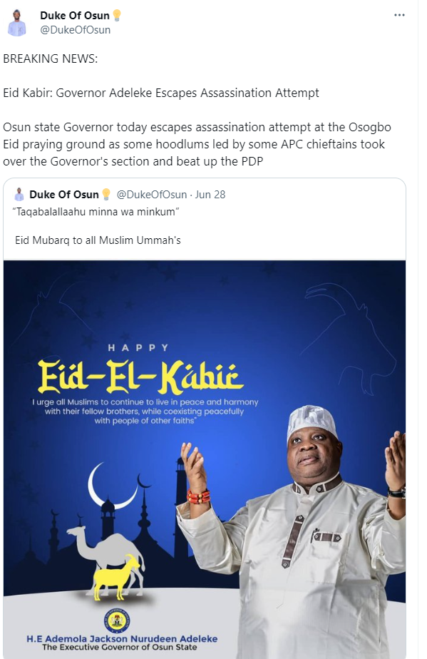 Eid Kabir: Governor Adeleke Escapes assassination attempt...