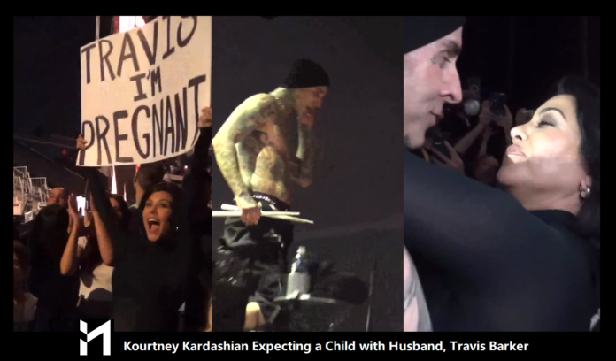 Kourtney Kardashian, a TV reality star, announced that she is expecting a child with Travis Barker at a concert on Friday.