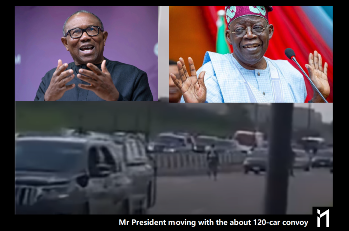 Lead by Example, say Peter Obi, in response to the Journalists' question on the video showing President moving with the about 120-car convoy.
