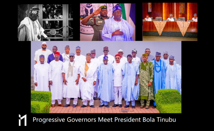 Progressive Governors meet with President Bola Tinubu at the council chambers in the state house, led by Hope Uzodinma, Imo State Governor.