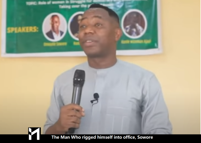 The Man who rigged himself into office may say he fought for democracy., says Omoyele Sowore while delivery a speech on June 12.