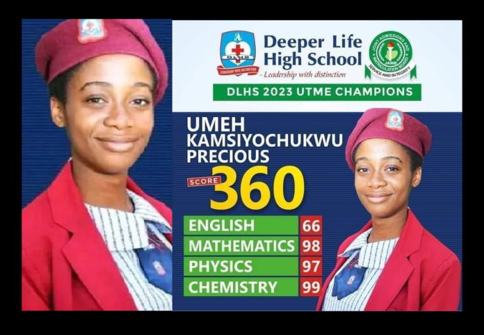 JAMB Announced the Real Champion - Kamsiyochukwu Umeh, a student of Deeper Life High School, Ogun state, as the top scorer in JAMB.