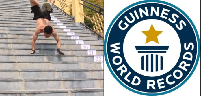 New record: Fastest time to descend 75 stairs on the hands - 25.03 seconds by Hari Chandra Giri. Guinness World Records (GWR)...